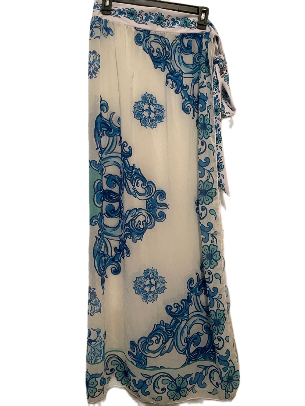 White & Blue Floral Tie-Waist Swim Sarong Cover-Up